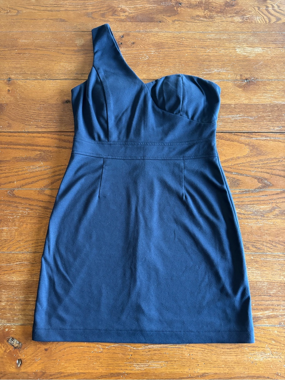 Final Touch One-Shoulder Navy Sheath Dress